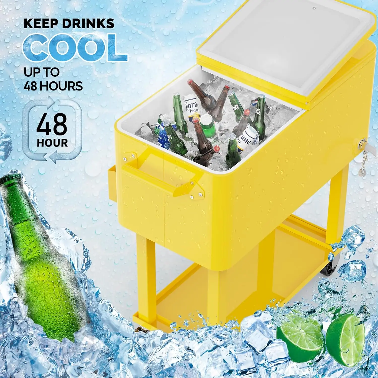 80 Quart Rolling Ice Chest, Portable Patio Party Bar Drink Cooler Cart, with Shelf, Beverage Pool with Bottle Opener