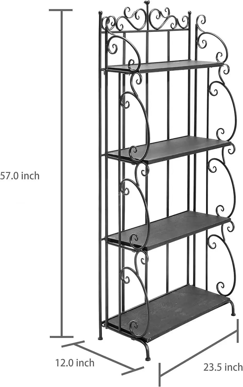 Black Metal Freestanding Shelf Rack with Metal Scrollwork Frame, Decorative Bakers Rack Bookshelf Storage Shelf Unit