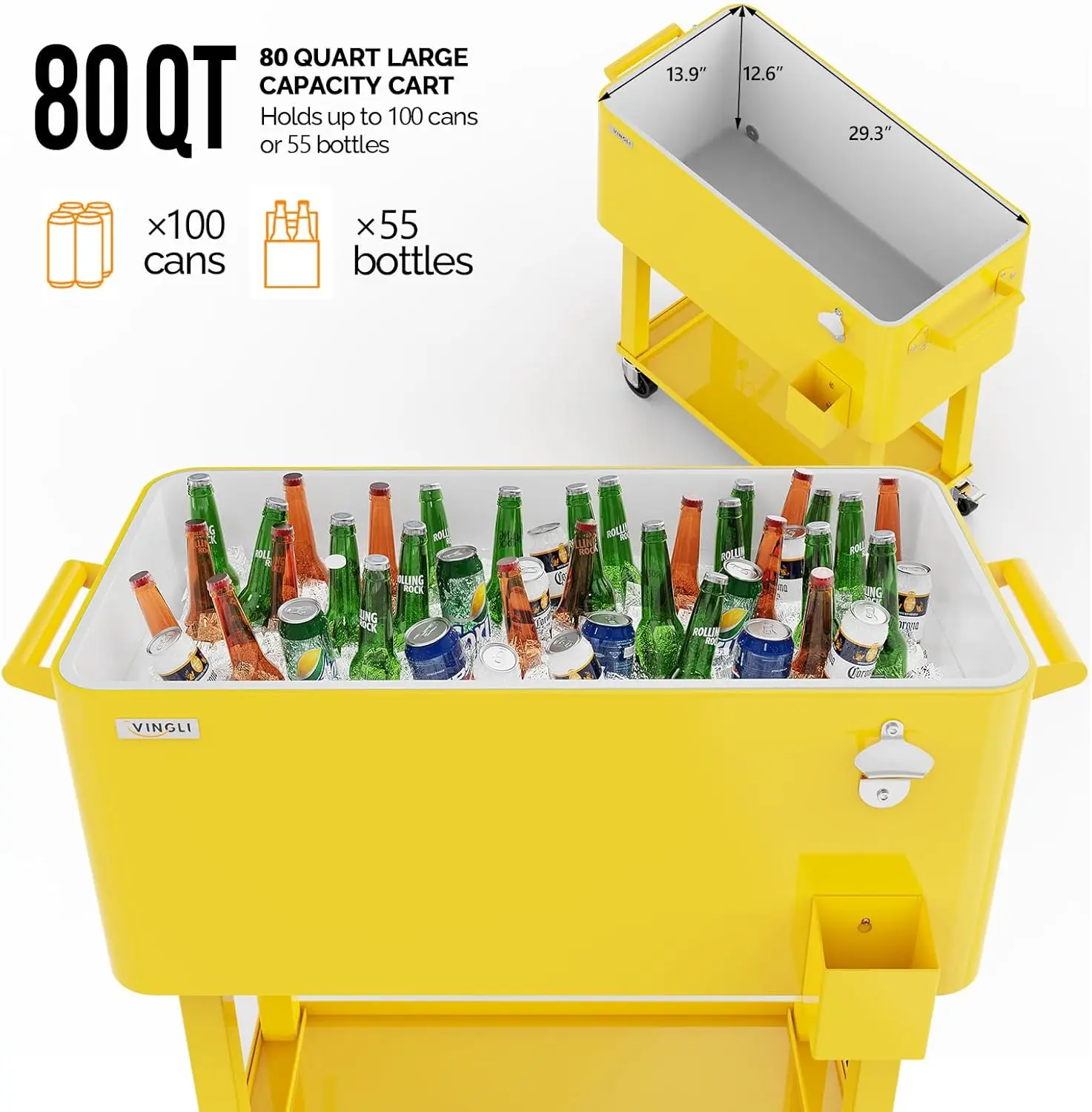 80 Quart Rolling Ice Chest, Portable Patio Party Bar Drink Cooler Cart, with Shelf, Beverage Pool with Bottle Opener