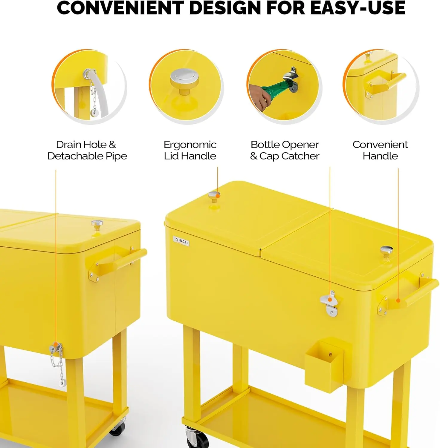 80 Quart Rolling Ice Chest, Portable Patio Party Bar Drink Cooler Cart, with Shelf, Beverage Pool with Bottle Opener