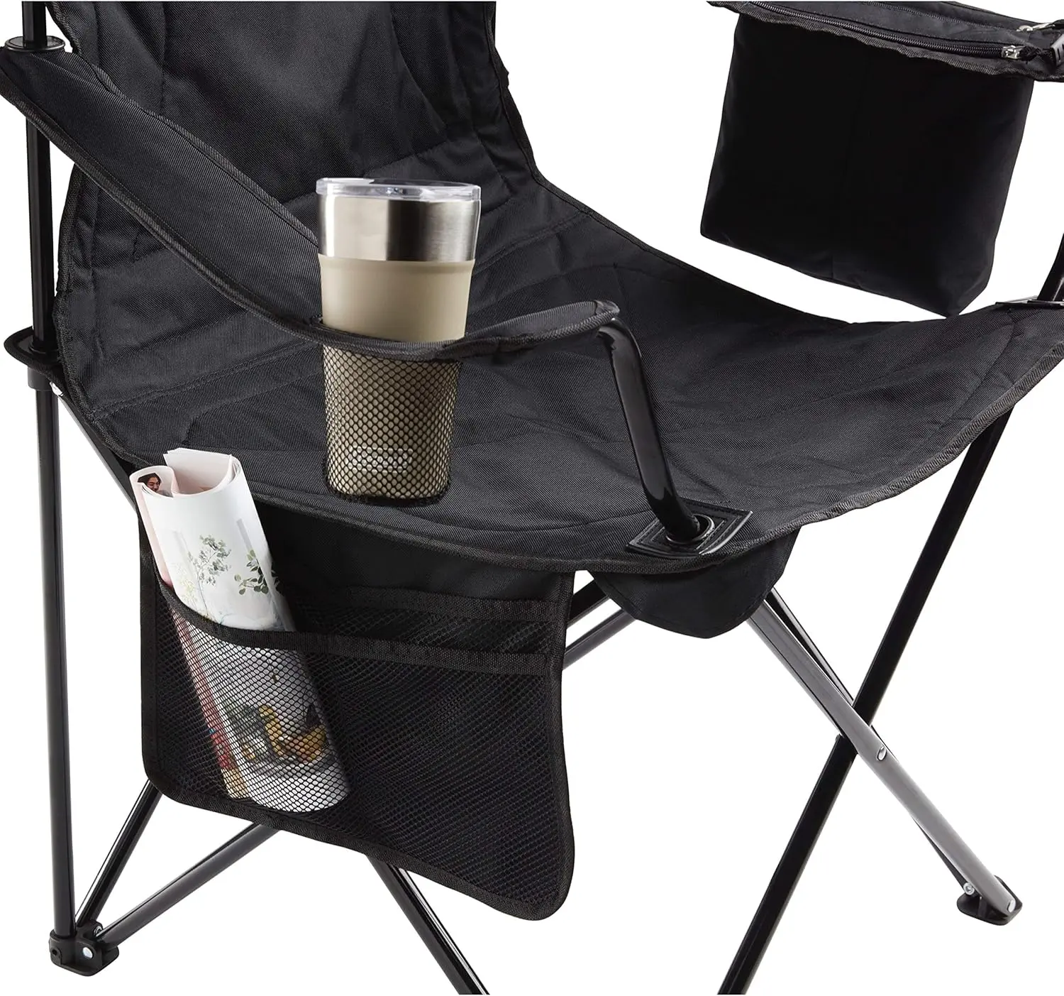 Portable Camping Chair with 4-Can Cooler, Fully Cushioned Seat and Back with Side Pocket and Cup Holder, Carry Bag Included