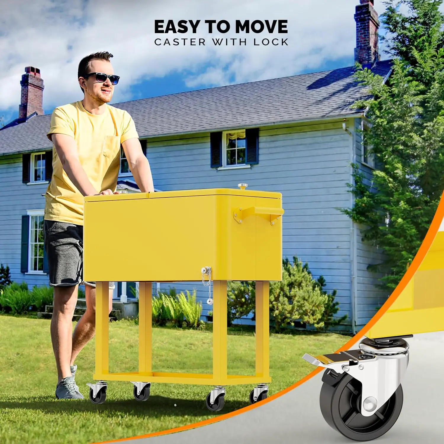 80 Quart Rolling Ice Chest, Portable Patio Party Bar Drink Cooler Cart, with Shelf, Beverage Pool with Bottle Opener