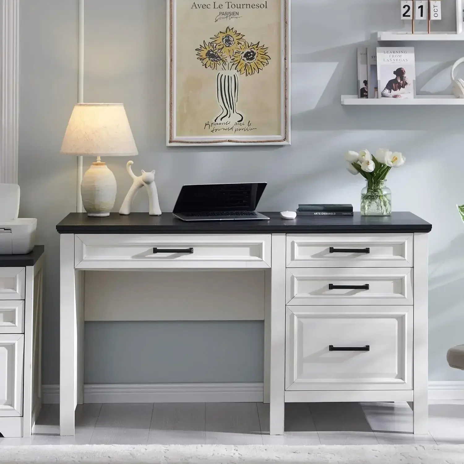 53INCH Home Office Desk with File Cabinet Letter T4 F4 Legal, Modern Farmhouse Computer Desk, Study Writing Desk, Off White