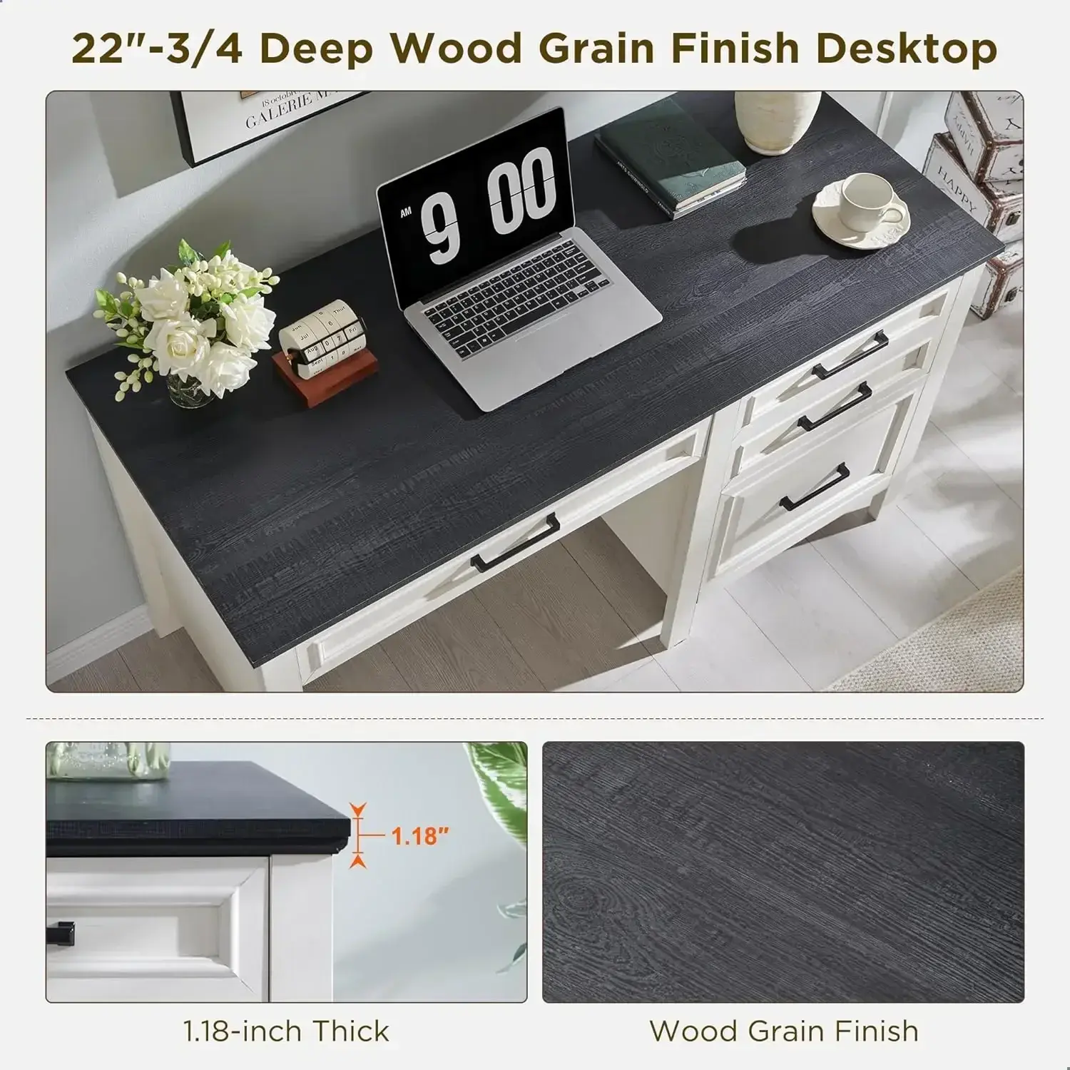 53INCH Home Office Desk with File Cabinet Letter T4 F4 Legal, Modern Farmhouse Computer Desk, Study Writing Desk, Off White