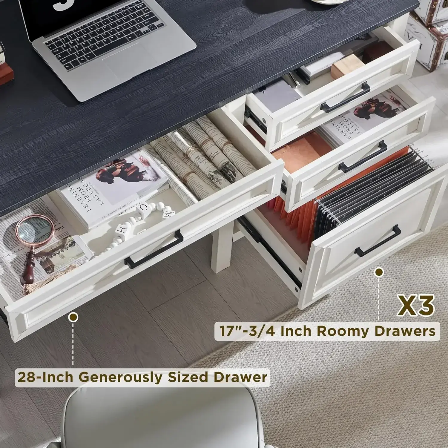 53INCH Home Office Desk with File Cabinet Letter T4 F4 Legal, Modern Farmhouse Computer Desk, Study Writing Desk, Off White