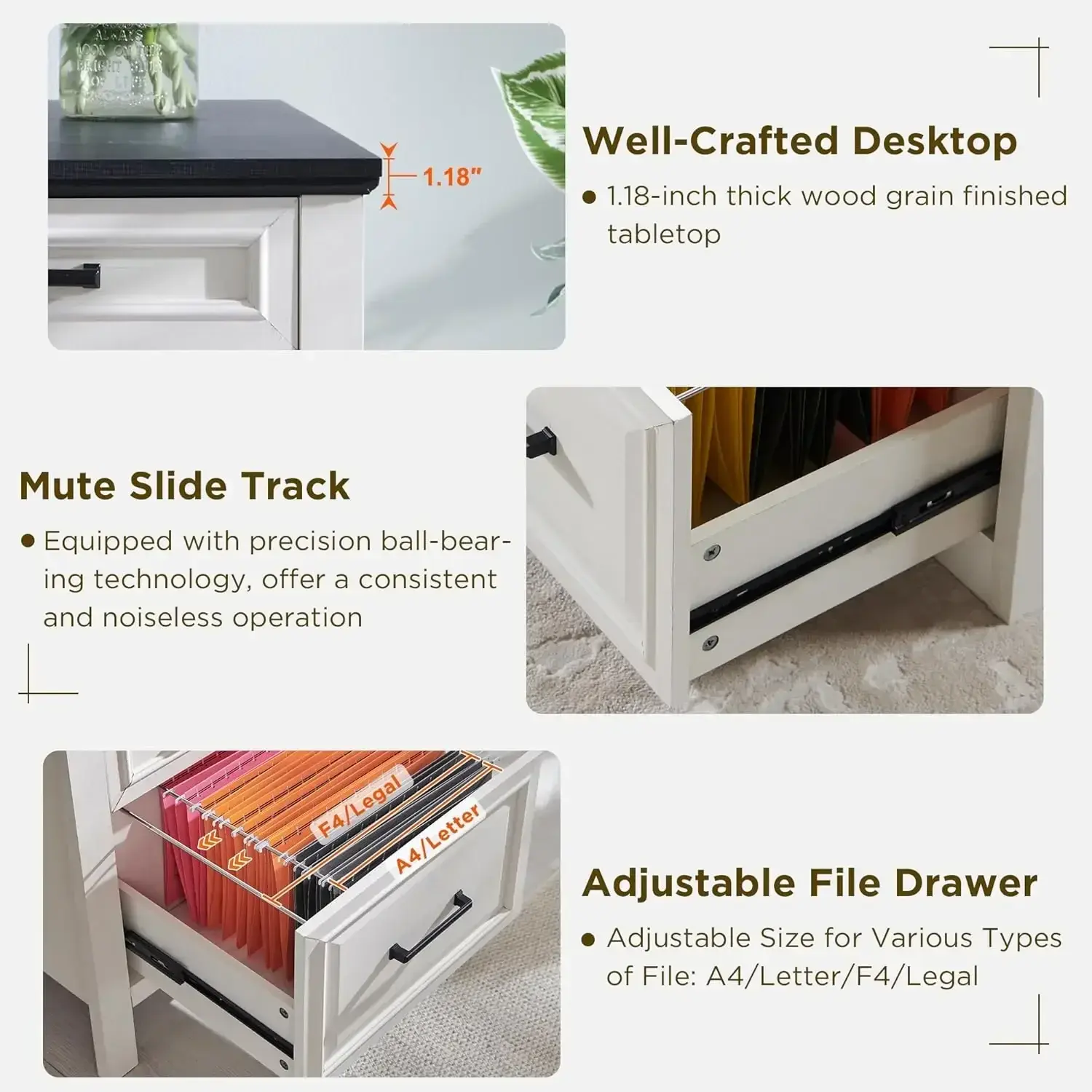 53INCH Home Office Desk with File Cabinet Letter T4 F4 Legal, Modern Farmhouse Computer Desk, Study Writing Desk, Off White