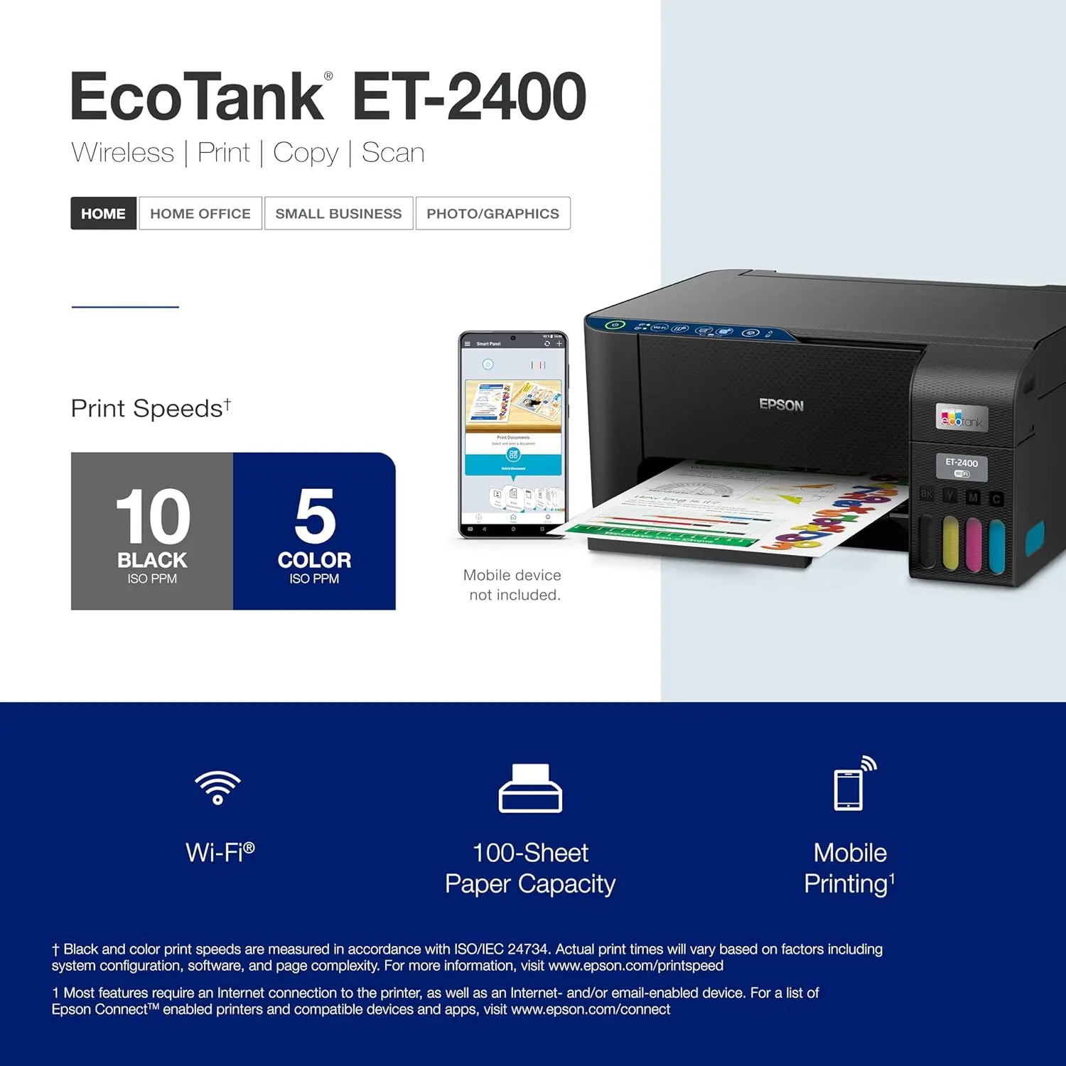 ET-2400 Wireless Color All-in-One Cartridge-Free Supertank Printer with Scan and Copy – Easy, Everyday Home Printing, Black