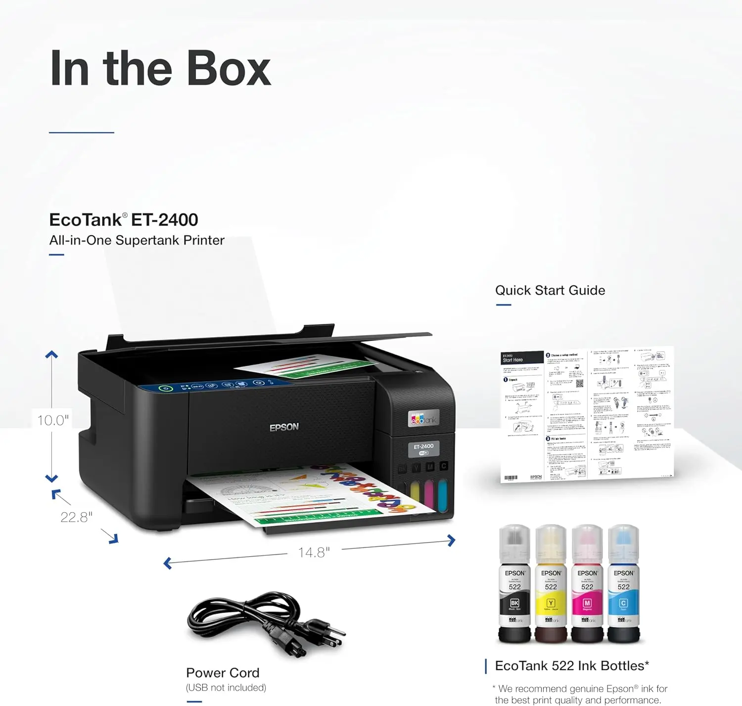 ET-2400 Wireless Color All-in-One Cartridge-Free Supertank Printer with Scan and Copy – Easy, Everyday Home Printing, Black