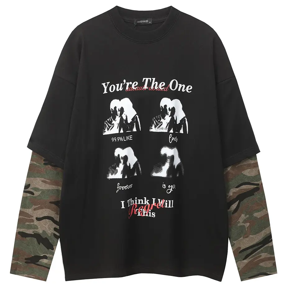 Camouflage Patchwork Oversized T Shirts Streetwear Harajuku Hip Hop Graphic T-shirts Casual Loose Long Sleeve Tee Tops Tshirts