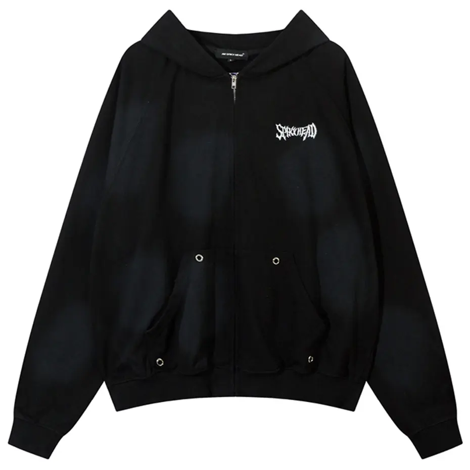 Embroidery Splicing Dirty Hoodie Zipper Coat Men Harajuku Streetwear Oversized Hip Hop Hoodies Man Loose Casual Sweatshirts Y2K