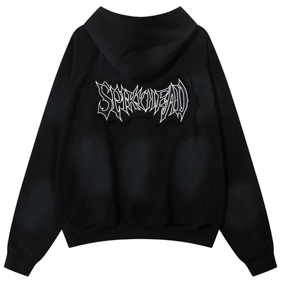 Embroidery Splicing Dirty Hoodie Zipper Coat Men Harajuku Streetwear Oversized Hip Hop Hoodies Man Loose Casual Sweatshirts Y2K