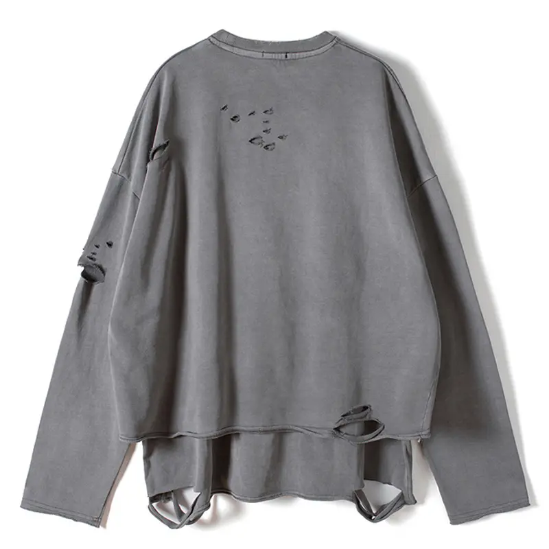ELKMU Vintage Streetwear Hole Sweatshirt Men Fashion Autumn Two Layers Pullover Solid Color Harajuku Cotton Tops Oversized