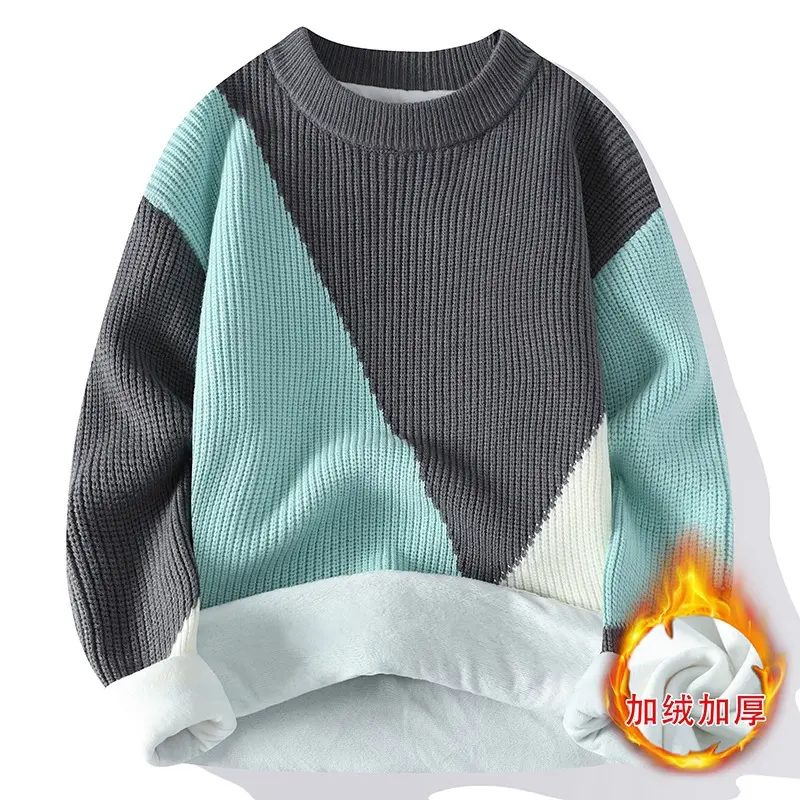 New Winter Men Fleece Warm Knitted Pullovers Man O-neck Striped Casual Sweaters Good Quality Male Pullovers Winter Clothing 4XL