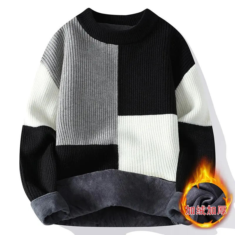 New Winter Men Fleece Warm Knitted Pullovers Man O-neck Striped Casual Sweaters Good Quality Male Pullovers Winter Clothing 4XL