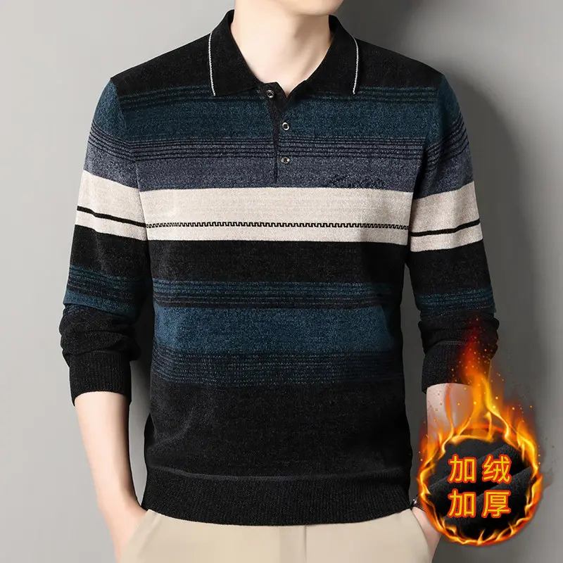 New Winter Men Turn-down Collar Pullovers Sweaters Male Business Casual Striped Knit Sweaters Man Fleece Warm Winter Clothing 4X