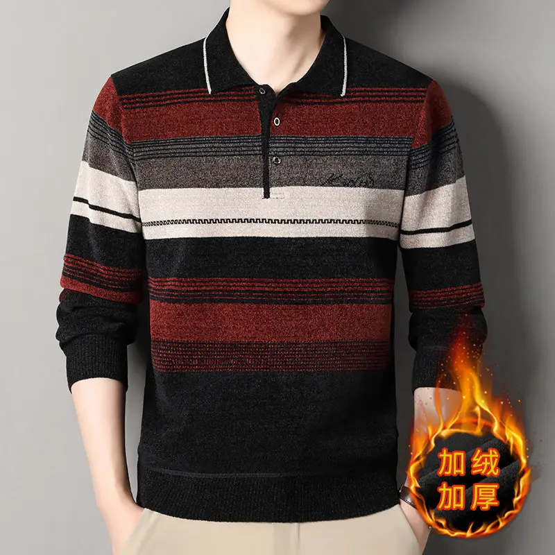 New Winter Men Turn-down Collar Pullovers Sweaters Male Business Casual Striped Knit Sweaters Man Fleece Warm Winter Clothing 4X