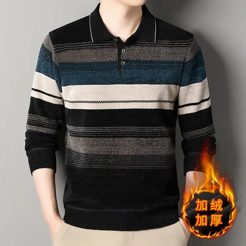 New Winter Men Turn-down Collar Pullovers Sweaters Male Business Casual Striped Knit Sweaters Man Fleece Warm Winter Clothing 4X