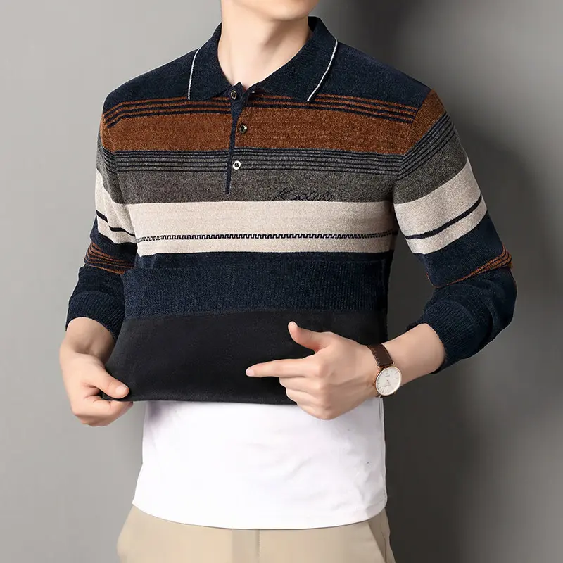 New Winter Men Turn-down Collar Pullovers Sweaters Male Business Casual Striped Knit Sweaters Man Fleece Warm Winter Clothing 4X