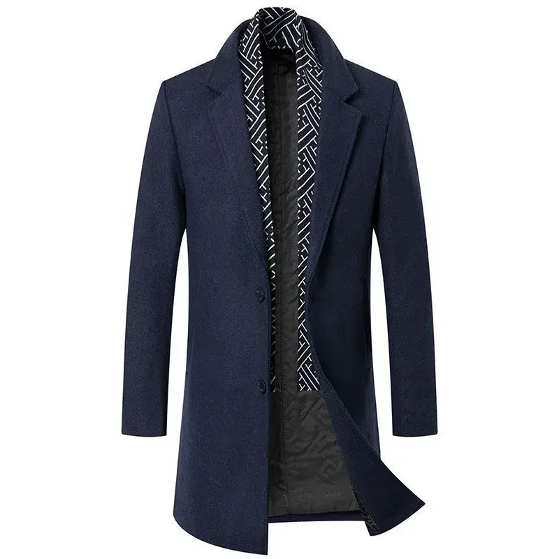 New Winter Men Business Casual Cashmere Trench Coats Woolen Blends Man Scarf Warm Overcoats High Quality Male Long Jackets 4XL