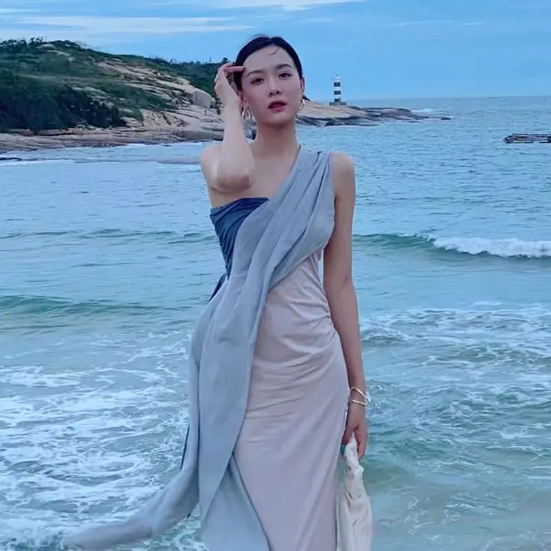Greek Classical Color Matching Pleated Slim Fitting Dress Off Shoulder Irregular Design Medium Length Dress