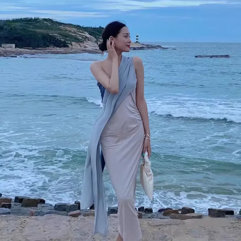 Greek Classical Color Matching Pleated Slim Fitting Dress Off Shoulder Irregular Design Medium Length Dress