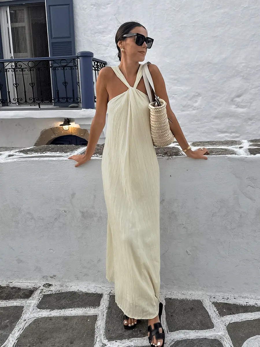 Beige Sleeveless Hanging Neck Beach Casual Dress Fashionable and Simple New Style Ankle Length Long Skirt for Women