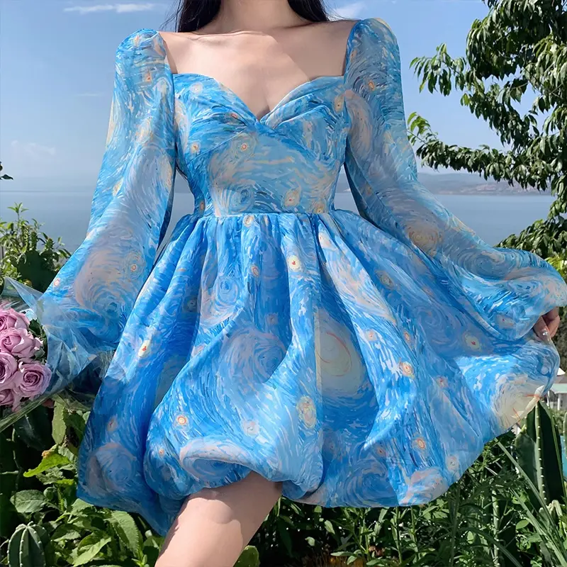 French Ball Gown Princess Skirt Starry Sky Fragmented Flowers Dress Women's Summer Slim backless Dress