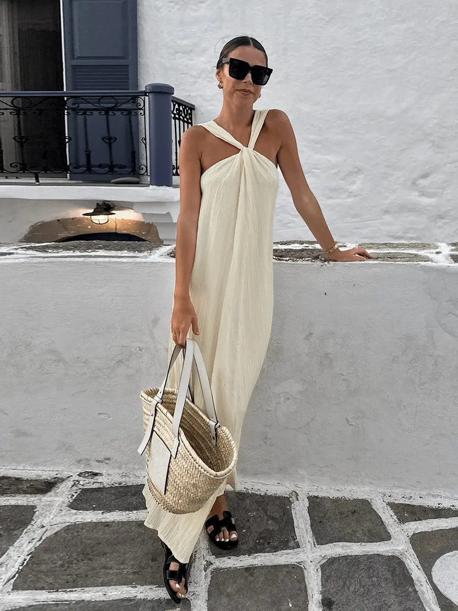 Beige Sleeveless Hanging Neck Beach Casual Dress Fashionable and Simple New Style Ankle Length Long Skirt for Women
