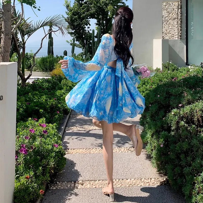 French Ball Gown Princess Skirt Starry Sky Fragmented Flowers Dress Women's Summer Slim backless Dress