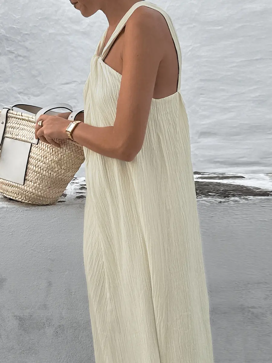 Beige Sleeveless Hanging Neck Beach Casual Dress Fashionable and Simple New Style Ankle Length Long Skirt for Women