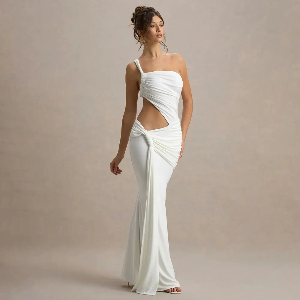 Summer Sexy One Shoulder Backless Strapless Dress Fashionable Solid Color Strap Pleated Long Skirt