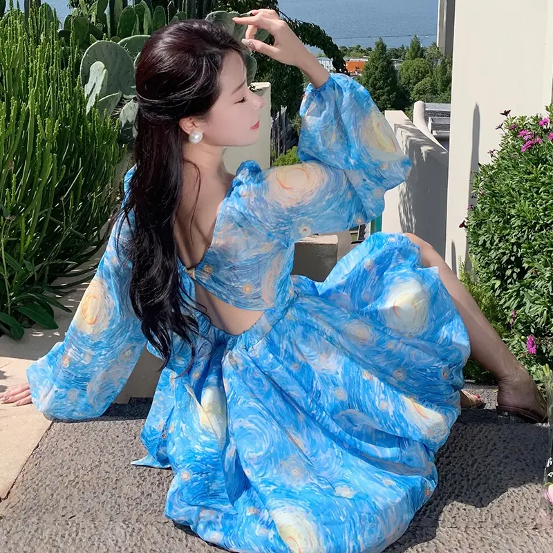 French Ball Gown Princess Skirt Starry Sky Fragmented Flowers Dress Women's Summer Slim backless Dress