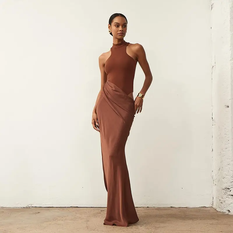 Summer Women's Dress Round Neck Sleeveless Slim Fitting Patchwork Long Skirt Fashionable Hollow Out Dress