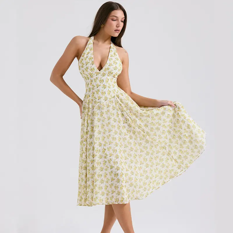 Summer Vacation Style Printed Neck Hanging Deep V-length Skirt Backless Fashion High-end Dress