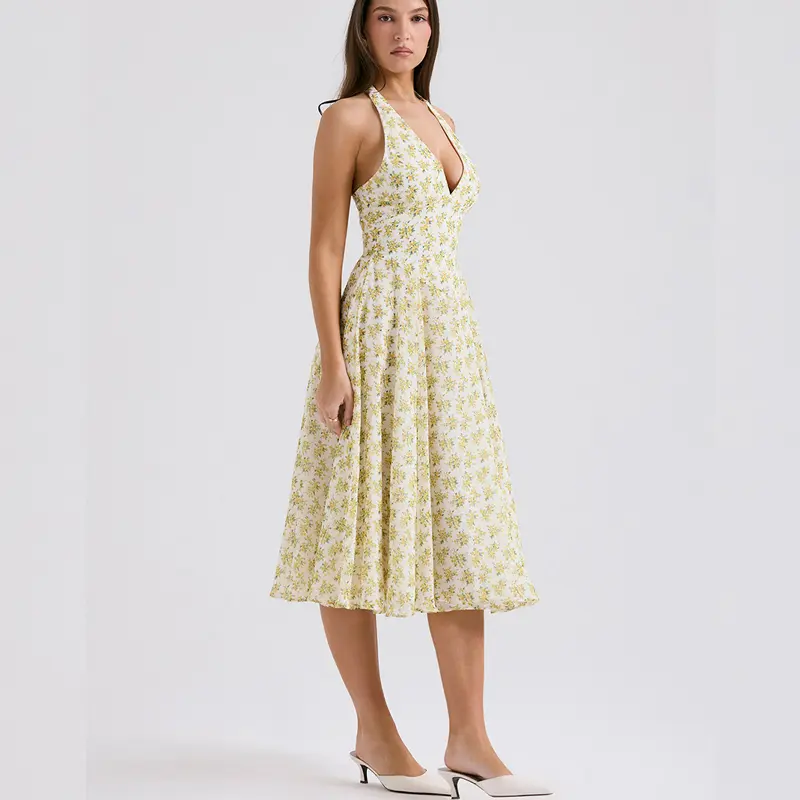 Summer Vacation Style Printed Neck Hanging Deep V-length Skirt Backless Fashion High-end Dress