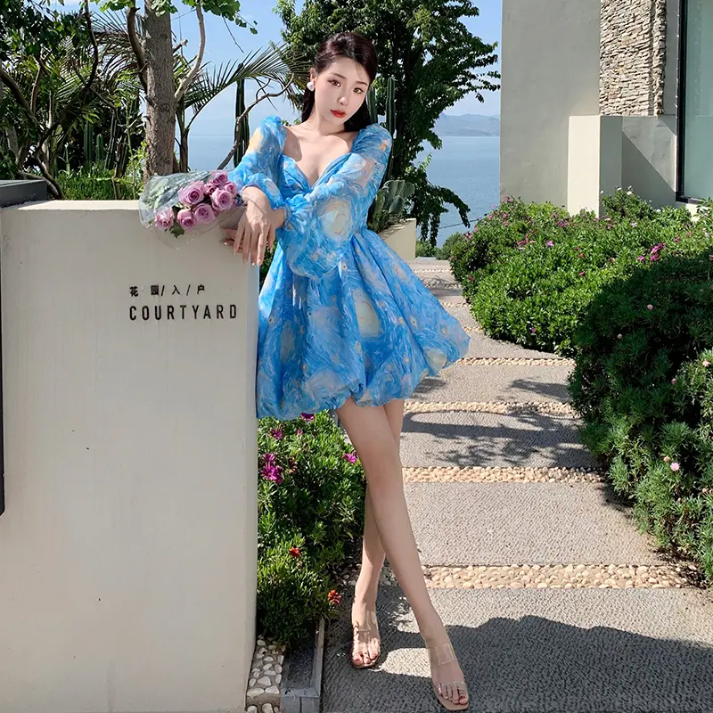 French Ball Gown Princess Skirt Starry Sky Fragmented Flowers Dress Women's Summer Slim backless Dress