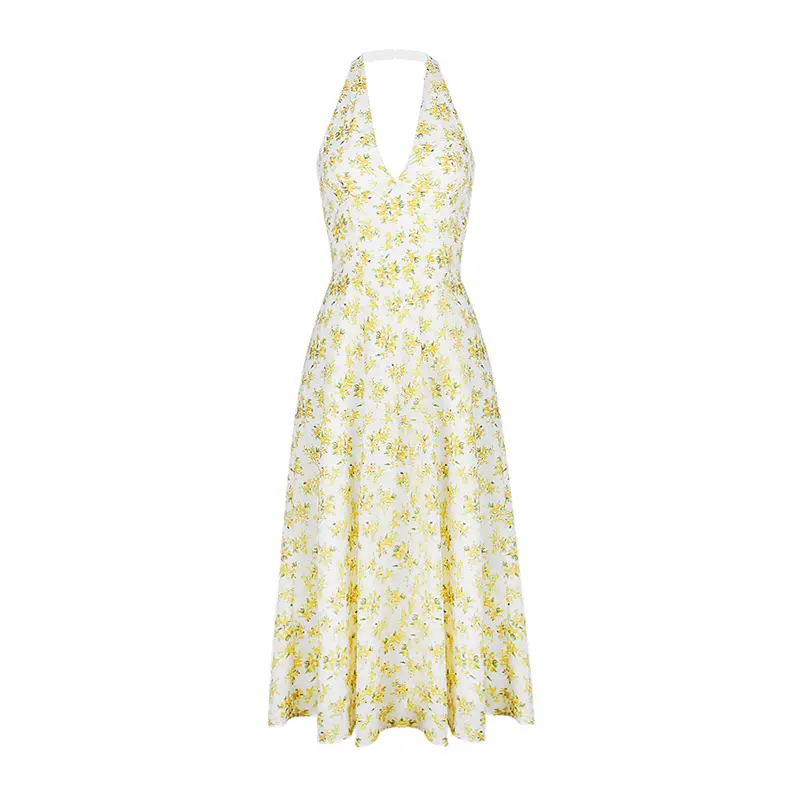 Summer Vacation Style Printed Neck Hanging Deep V-length Skirt Backless Fashion High-end Dress
