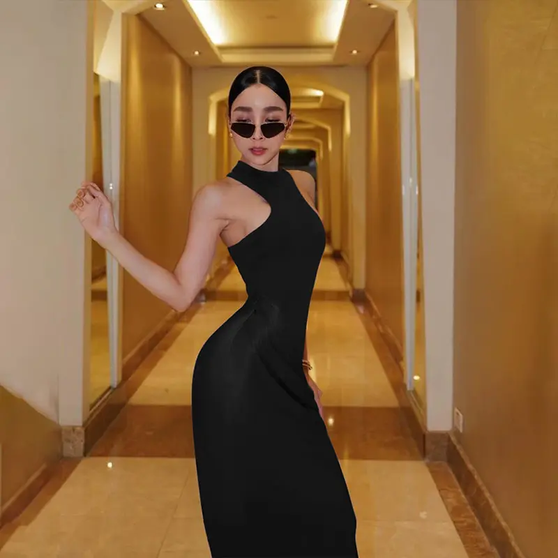 Summer Women's Dress Round Neck Sleeveless Slim Fitting Patchwork Long Skirt Fashionable Hollow Out Dress
