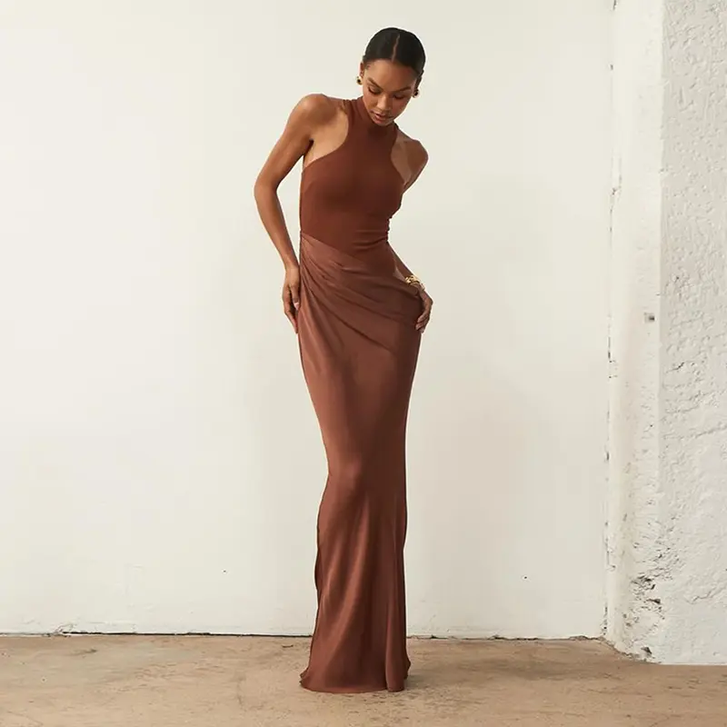 Summer Women's Dress Round Neck Sleeveless Slim Fitting Patchwork Long Skirt Fashionable Hollow Out Dress