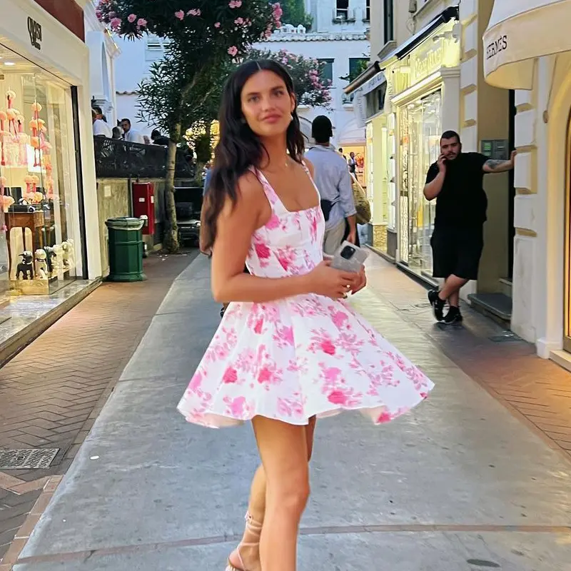 Summer Women's Sexy Slim Fit Waist Cinching Dress With Floral Rose Print Strap Skirt Mini Dress