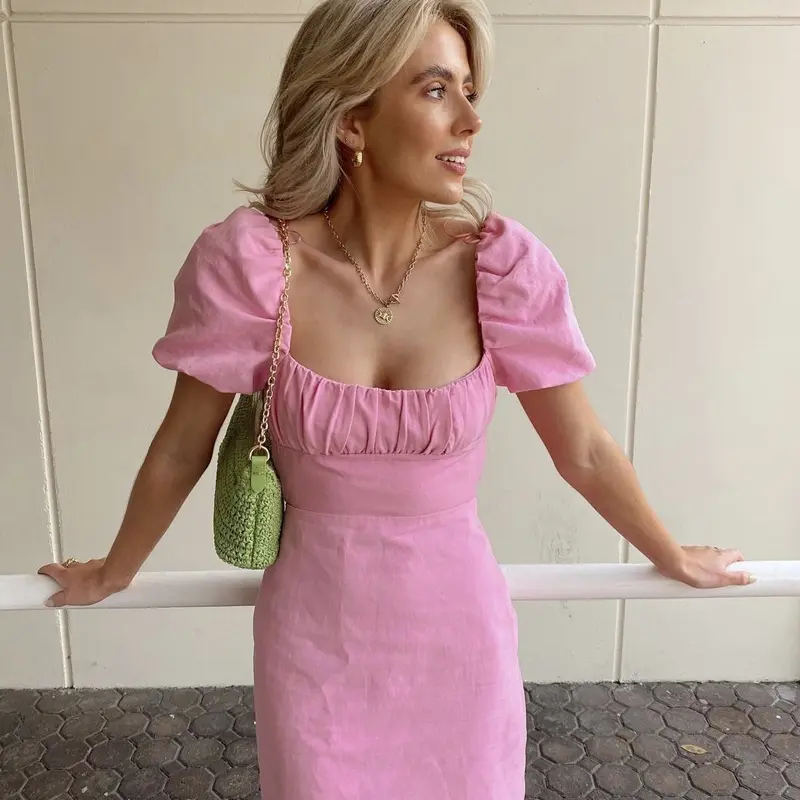 French Square Neck Solid Bubble Sleeve Pink Dress Princess Sweet Summer Lace Up backless Short Sleeve Dress Short Dress