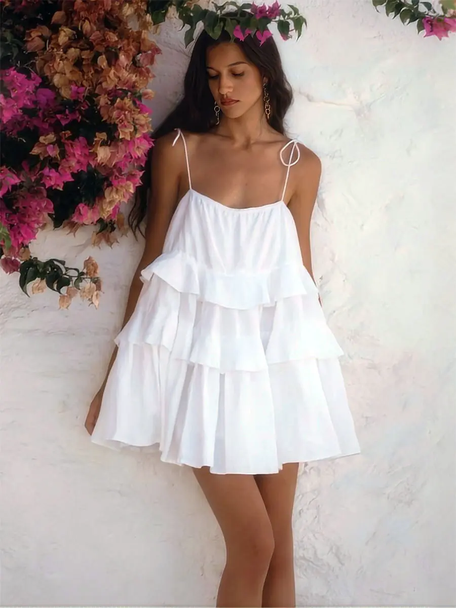 Strap Dress Summer Multi Layer Ruffle Cake Skirt Short Open Back Strap Dress