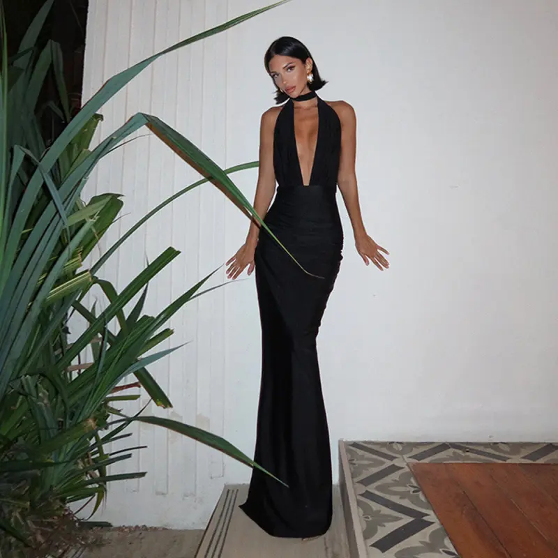 Summer New Sexy V-neck Hanging Neck Backless Long Skirt Solid Color Slit Dress