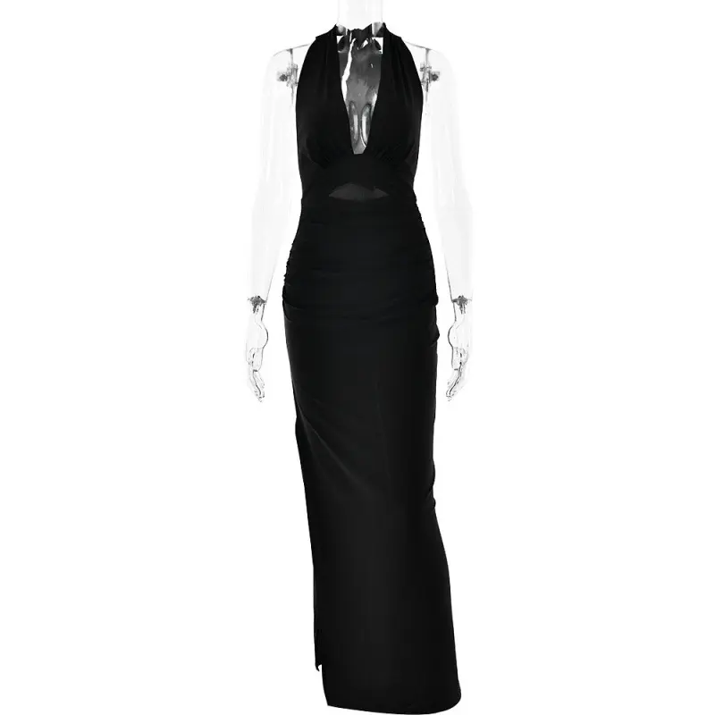 Summer New Sexy V-neck Hanging Neck Backless Long Skirt Solid Color Slit Dress