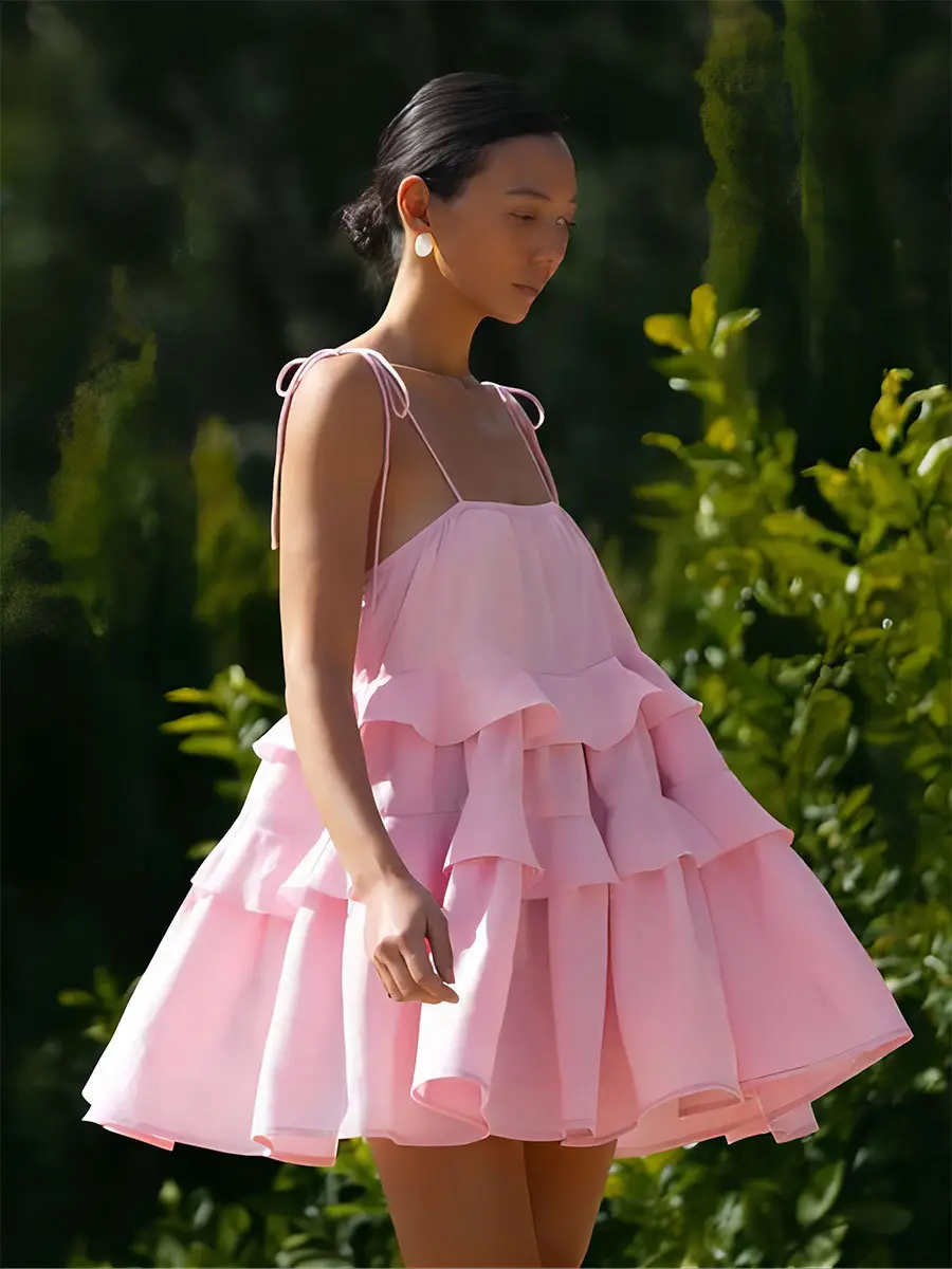 Strap Dress Summer Multi Layer Ruffle Cake Skirt Short Open Back Strap Dress