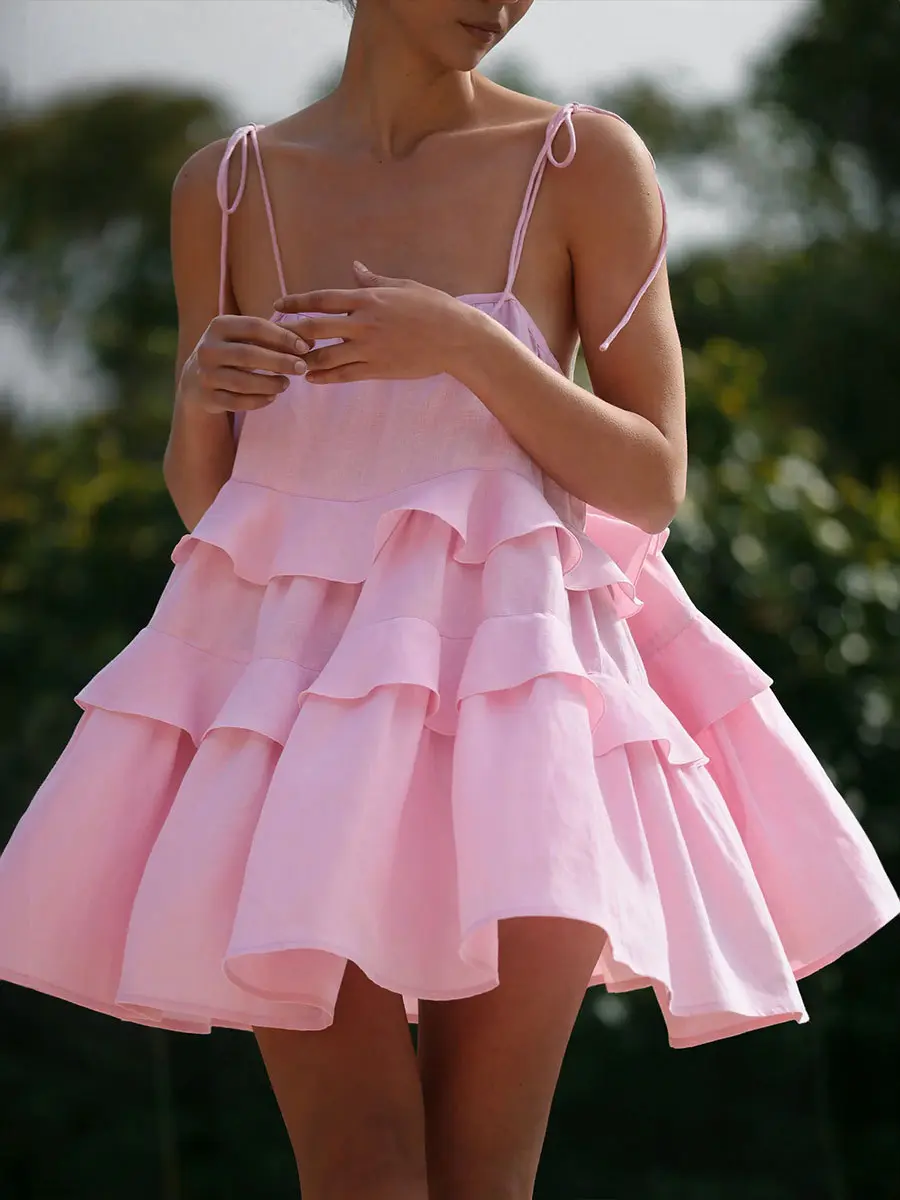 Strap Dress Summer Multi Layer Ruffle Cake Skirt Short Open Back Strap Dress