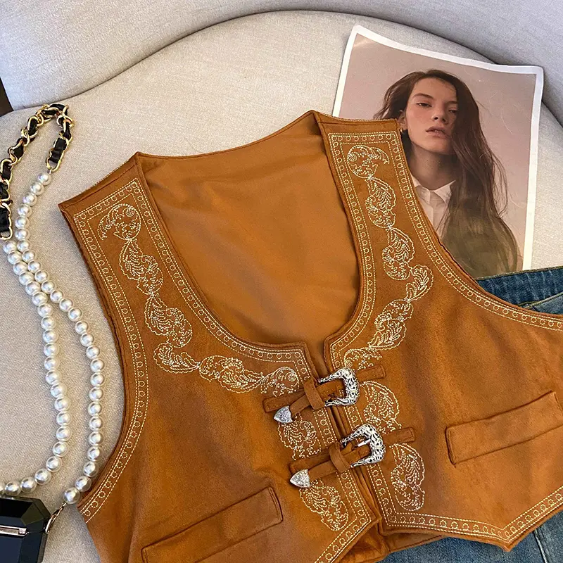 Ethnic Style Brown Suede Totem Embroidery Vest Women's Short Style Outerwear Cardigan