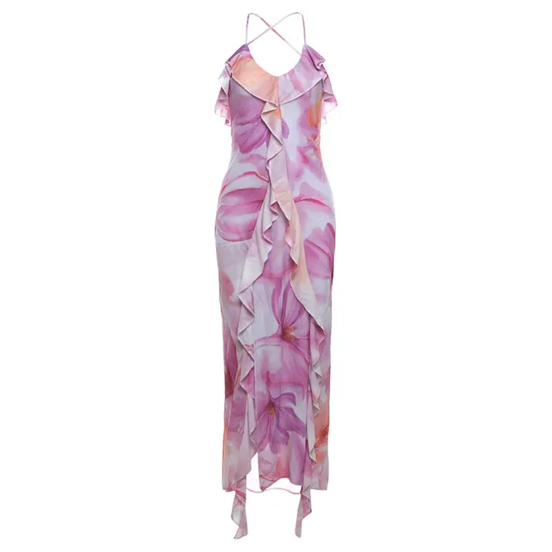 Summer Fashion Trend Women's New Suspender V-neck Printed Bag Buttocks Exposed Back Sexy Dress