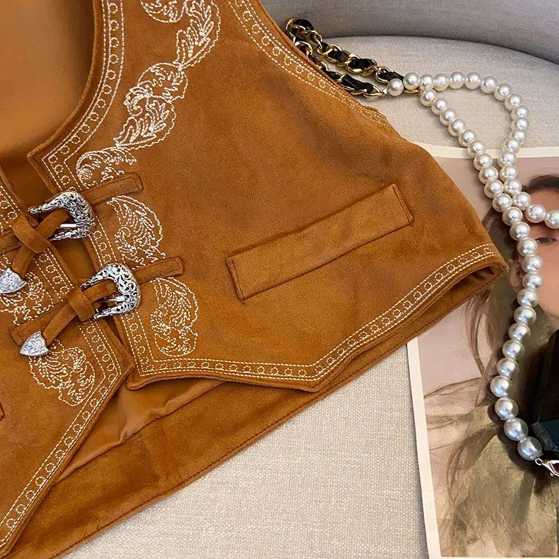 Ethnic Style Brown Suede Totem Embroidery Vest Women's Short Style Outerwear Cardigan