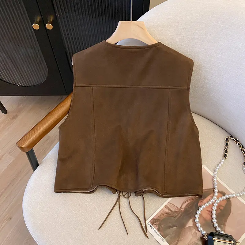 Suede Frenum Vest Women's Retro Ethnic Style Travel Outfit V-neck Jacket Vest